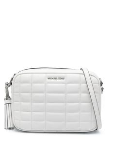 white lambskin smooth grain quilted adjustable detachable shoulder strap tassel detail logo plaque to the front logo-print lining internal slip pocket internal logo patch silver-tone hardware top zip fastening This piece comes complete with a protective dust bag. Classic White Bags With Logo Plaque, White Leather Shoulder Bag With Logo Plaque, White Leather Bags With Logo Plaque, White Rectangular Bag With Logo Plaque, White Shoulder Bag With Embossed Logo For Travel, White Travel Shoulder Bag With Embossed Logo, Classic White Bags With Embossed Logo, Michael Kors Crossbody Bag, Michael Kors Crossbody