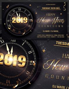 new year's eve party flyer template with gold numbers and black clocks on a dark background