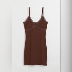 Great Quality, Never Worn Fitted Brown V-neck Slip Dress, Fitted Cotton Slip Dress For Daywear, Mini Dress With Built-in Bra For Daywear, Fitted Brown Slip Dress, Fitted Brown Mini Slip Dress, Brown Fitted Mini Length Slip Dress, Fitted Brown Slip Dress For Spring, Spring Brown Fitted Slip Dress, Fitted Cotton Slip Dress