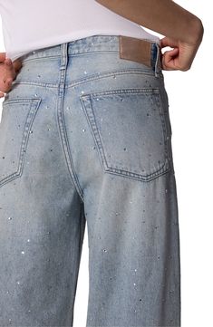 Sparkling crystals catch the light on faded, casual-cool nonstretch jeans made with a slouchy waist and full-length wide legs. 32" inseam, 20" leg opening; 12 1/2" front rise; 16" back rise (size 29) Zip fly with button closure Five-pocket style 100% cotton Hand wash, line dry Imported Sparkle Jeans, American Workwear, Rhinestone Jeans, House Of Sunny, Bone Color, Faded Jeans, Wide Legs, City Style, Sparkling Crystal