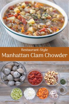 an image of the manhattan clam chowder recipe with ingredients in bowls and text overlay