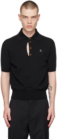 Knit cotton polo. · Spread collar · Cutout at four-button placket · Logo embroidered at chest · Rib knit hem and cuffs Supplier color: Black Polo Sweater With Buttons For Workwear, Cotton Polo, Knit Cotton, Vivienne Westwood, Button Placket, Logo Embroidered, Apparel Accessories, Rib Knit, Polo Shirt