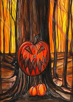 a drawing of a jack - o'- lantern in the woods with pumpkins