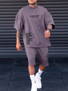 Men Plus Slogan Graphic Tee & Shorts Purple Casual    Slogan  Medium Stretch  Men Plus Size Clothing, size features are:Bust: ,Length: ,Sleeve Length: