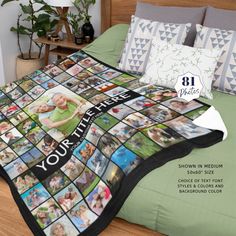 a bed topped with a blanket covered in photos