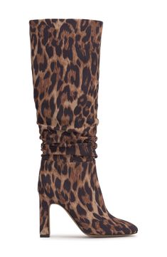 This slouchy knee-high boot elevates you on a towering shaved block heel. 3 1/2" heel 16 1/2" shaft; 15" calf circumference Side zip closure Synthetic upper and lining/rubber sole Imported Cheetah Boots, Fall In Nyc, Leopard Watercolor, Print Boots, Summer Wardrobe Essentials, Leopard Print Heels, Wedding Guest Shoes, Creative Stuff, Sneaker Slippers