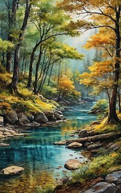 a painting of a river in the woods