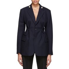 Stretch polyester woven blazer with dappled fabric details. Figure fitting and padded shoulders. Jewel buttons. Two flap pockets. Inner lining. Blazer Coat Women, Blazer Rose, Pleated Jacket, Pink Blazer, Coat Women, Long Sleeve Blazers, Blazer Fashion, Western Dresses, Female Fashion