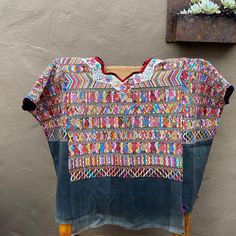 "Handwoven Vintage Traditional Cotzal Huipil, Authentic Guatemalan Blouse Width: 29\" Length: 21\" A woman may spend months weaving a single huipil when complex techniques or designs are required. Through the choices of design, material and finishing technique, information can be read about the weaver's birth-place, religious background, social position, weaving skill, and personality. Indigenous women can read the complex encoded messages in each other's huipiles at a glance.. The traditional C Embroidered Multicolor Blouse For Traditional Ceremonies, Bohemian Multicolor Blouse For Traditional Ceremonies, Multicolor Bohemian Blouse For Traditional Ceremonies, Guatemalan Textiles, Indigenous Women, Hand Embroidery Projects, Vintage Traditional, 50s Vintage, Vintage Mexican