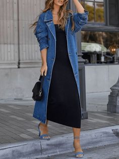 Stylewe offers stylish and concessional Denim Coats.. SPU: 11SDE8D4D2B, Color: Blue, Edition type:Loose, Thickness:Regular. Moda Denim, Women's Windbreaker, Denim Trench Coat, Blue Trench Coat, Estilo Denim, Mode Jeans, Denim Patterns, Long Jeans, Style Upgrade