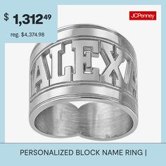 A modern take on the classic personalized ring, this all-caps design makes your name stand out. Made in America.Metal: 14K yellow or white gold, 10K yellow or white gold, 14K yellow gold over sterling silver or sterling silverDimensions: 16mmPersonalize: Up to 7 block lettersCare: Wipe CleanCountry of Origin: Made in USJewelry photos are enlarged to show detail.Disclaimer: Metal may be rhodium plated to enhance appearance and reduce tarnishing. Modern Customizable Jewelry For Personalized Gift, Modern Personalized Sterling Silver Initial Ring, Personalized Modern Sterling Silver Initial Ring, Modern Engraved Ring With Initials For Anniversary, Modern Custom Name Jewelry For Personalized Gift, Modern Adjustable Initial Ring Personalized, Modern Personalized Engraved Ring, Modern Monogram Jewelry For Anniversary, Modern Personalized Engraved Round Ring