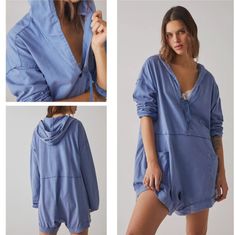 New Without Tags -Msrp $98 -Color: Riverside Blue -Slouchy Oversized Fit -Hooded Neckline You Will Receive 1 Romper In This Bundle *Due To The Nature Of The Mineral Wash Small Variances Of Color May Occur.. These Are Inherent Characteristics And Will Enhance The Individual Look Of Your Garment* *Please Review Pictures, Has Mineral Spots, And Each Set Is Slightly A Different Tone Due To Dye Process* Blue V-neck Relaxed Fit Jumpsuits And Rompers, Blue V-neck Relaxed Fit Jumpsuit, Spring Long Sleeve Jumpsuits And Rompers For Lounging, Oversized Jumpsuits And Rompers With Pockets For Loungewear, Blue Relaxed Fit Jumpsuits And Rompers For Day Out, Oversized Jumpsuits And Rompers For Lounging In Spring, Relaxed Blue Tops With Pockets, Blue Oversized Tops For Lounging, Blue Jumpsuits And Rompers For Spring Loungewear