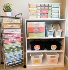 the shelves are filled with different types of storage bins and containers for organizing items