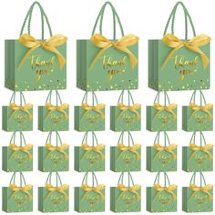 many green bags with gold bows and thank you message on the front, set of twelve