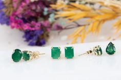 Adorn yourself with these stunning 3.33ct Rich Green Emerald Stud Earrings! Crafted from 14K Gold, these lustrous green beauties will add a touch of classic sophistication to any look. Perfect for any occasion, these earrings will have everyone wondering where you got them! ♥ A stunning pair of rich green rectangle-shaped emerald earrings♥ The earrings measure 10mm in length, 6.8mm in width, and stand 4.5mm tall♥ Material: 14K yellow gold♥ Gemstones: Emeralds weigh 3.33ct total and originate fro Luxury Green Oval Earrings, Luxury Green Earrings With Prong Setting, Green Luxury Earrings With Prong Setting, Luxury Green Emerald-cut Earrings, Luxury Green Emerald Earrings, Luxury Green Earrings For May Birthstone, Emerald Cut Green Gemstone Earrings, Green Emerald Earrings With Prong Setting, Green Prong Setting Earrings In Fine Jewelry Style