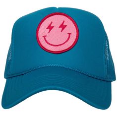 Hot Pink Lightning Happy Face Foam Trucker Hat (All Black) Pink Lightning, Green Fur, Pink Cowgirl, Mesh Netting, Glitter Earrings, Panel Hat, Embroidered Heart, Cloche Hat, Vintage Louis Vuitton