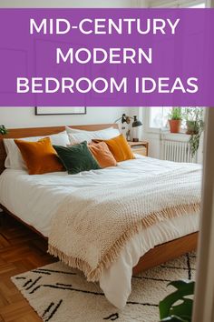 Mid-century modern bedroom with wooden bed, white linens, and orange and green pillows. Mid Century Modern Bedroom, Modern Bedroom, Bedroom Inspirations, Century Modern, Mid-century Modern, Decor Ideas, Mid Century