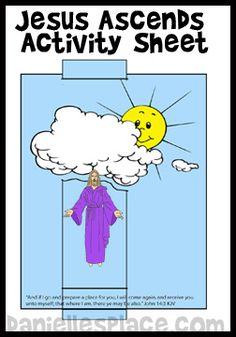 the jesus ascends activity sheet is shown with clouds and a sun above it