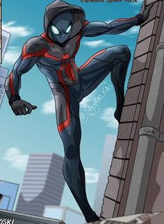 a spider - man is standing on the edge of a building