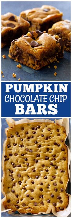 pumpkin chocolate chip bars with text overlay