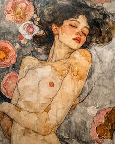 a painting of a naked woman with flowers in her hair and on her chest is shown