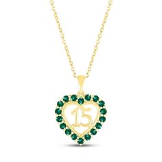 A stunning surprise for the birthday girl, this 10K yellow gold Quinceañera necklace features a heart with the number 15 at the center. Bright lab-created emeralds trace the heart, making the necklace an ideal gift for a May birthday. The pendant sways from an 18-inch cable chain that secures with a spring-ring clasp. Quinceañera Necklace, Quinceanera Necklace, Number 15, May Birthday, Lab Created Emerald, Accessories Jewelry Necklace, Birthday Girl, Quinceanera, Spring Rings