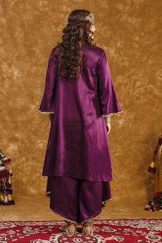 Purple silk kurta with coin, charms and metallic tassel embellishments on maroon patchwork bodice. Comes with a wrap palazzo. - Aza Fashions Maroon Dupatta, Women Kurta, Silk Kurta, Straight Kurta, Purple Silk, Aza Fashion, Bodice, Tassels, Embellishments