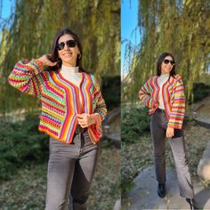 🌸 Hi! Hi, I knitted this crop jacket colorful colors . This bohemian style open cardigan will make you look stylish. Your cute shoulder cover up jacket for your evening dresses  If you want to own it, now is the time, this cute knit sweater will suit you very well. 🌸 This handmade Crochet Afghan Cardigan Granny Square is a beautiful and unique piece that any woman would love to have in her wardrobe. It's made of high-quality cotton blend, Alize Cotton® yarn and can be customized to your preferred color. 🌸 The cardigan is designed features an oversized and open front pattern that gives it a cozy and comfortable feel. Please note that since this product is made using afghan knitting, each piece is unique and may have a different motif sequence from what is shown in the photos. 🌸 To ensur Spring Multicolor Knitted Outerwear, Colorful Knitted Spring Cardigan, Trendy Multicolor Knitted Cardigan, Spring Multicolor Knitted Cardigan, Bohemian Multicolor V-neck Sweater, Multicolor Bohemian V-neck Sweater, Multicolor Knitted Sweater For Spring, Multicolor Knitted Spring Outerwear, Hippie Multicolor Sweater For Fall