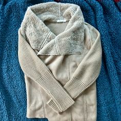 Never Worn, New W/O Tags Cozy Fitted Sweater With Shawl Collar, Fitted Cozy Sweater With Shawl Collar, Fitted Shawl Collar Cozy Sweater, Beige Shawl Collar Sweater For Winter, Cozy Fit Beige Outerwear For Fall, Cozy Beige Outerwear With Shawl Collar, Cozy Beige Shawl Collar Outerwear, Beige Shawl Collar Winter Outerwear, Beige Shawl Collar Cozy Outerwear