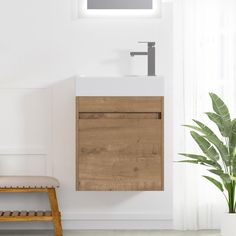 a bathroom with a sink, mirror and wooden stool