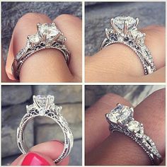 four different views of an engagement ring with diamonds on the side and in between them