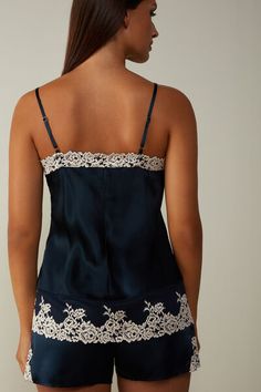 Silk satin top with V-neckline at the front and back embellished with two-tone lace inserts on the neckline and hem. The spaghetti straps are adjustable. Silk Tank Top, Silk Tank, Lace Insert, Satin Top, Silk Top, Pretty Flowers, Silk Satin, Tank Top Fashion, Two Tone