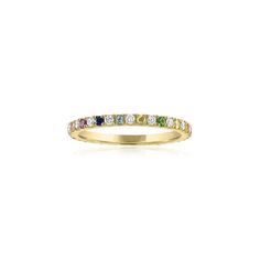 Details: This gorgeous, multicolor Rainbow & Diamond Eternity Band in 14k gold features pavé set color stones alternating with white diamonds all the way around creating an ombré effect. It is delicate and perfect for stacking with your favorite rings or even as an addition to any wedding ring stack. Shop the look: Honeycomb Band, Mini Mini Letter Chain Ring, and Mini Letter Ring Diamonds: 0.25 carats, G color, VS2 clarity Color Stones: Amethysts, Topaz, Ruby, and Sapphires Width: 1.5mm Availabl Luxury Yellow Gold Multi-stone Eternity Band, Luxury Multi-stone Yellow Gold Eternity Band, Luxury Yellow Gold Eternity Band With Multi-stone, 14k Gold Multi-stone Eternity Band, Elegant 14k Gold Multi-stone Eternity Band, Fine Jewelry Multi-stone Round Cut Eternity Band, Fine Jewelry Eternity Band With Multi-stone Round Cut, Yellow Gold Diamond Multi-stone Eternity Band, Yellow Gold Multi-stone Eternity Band