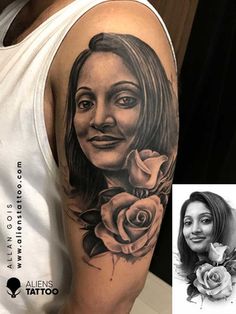 a woman's face with roses on her arm and an image of the same person