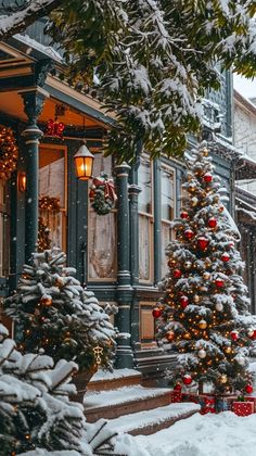 christmas trees are covered with snow in front of a house