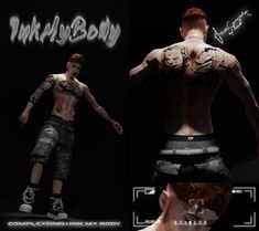 two different views of a man with tattoos on his back and chest, in front of a black background