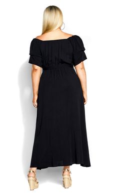 Take things up a notch with the black Tropical Tie Maxi Dress. Made with a stunning elasticated off-shoulder neckline, short gathered sleeves and an elasticated waist, this maxi dress is sure to make heads turn. Key Features Include: - Elasticated off shoulder neckline - Short sleeves with gathered detail - Elasticated waist with removable matching self-tie belt - Front center split - Relaxed fit - Pull on style Style with a sunhat and wedged heels. | Plus Size Tropical Ivory Tie Maxi Dress in B Black Maxi Dress With Elastic Waistband, Chic Black Maxi Dress With Elastic Waistband, Black Ruched Off-shoulder Maxi Dress, Tie Maxi Dress, Gathered Sleeves, Plus Size Maxi, Swimsuits For All, City Chic, Plus Size Dress