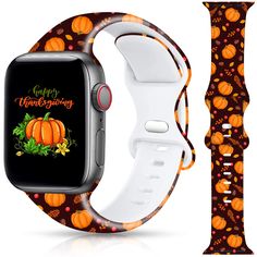 an apple watch band with pumpkins and leaves on it, next to a happy thanksgiving message