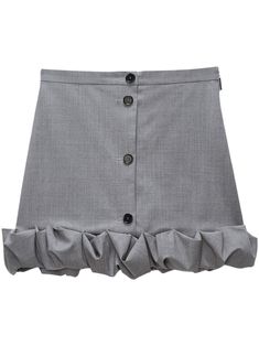 grey high-rise concealed side zip fastening decorative button detailing ruffle hem thigh-length Unique Skirts Design, Tech Wear, Unique Skirts, Ruffle Hem Skirt, Grey Skirt, Wool Mini Skirt, City Dress, Hem Skirt, Skirt Fits