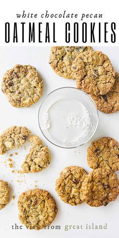 the white chocolate pecan oatmeal cookies are next to a glass of milk