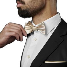 Elegant Beige Tuxedo For Formal Occasions, Elegant Beige Formal Tuxedo, Elegant Satin Tuxedo For Party, Classic Gold Bow For Black Tie Events, Fitted Gold Bow Tie And Suit Accessories, Elegant Gold Tuxedo For Party, Elegant Gold Tuxedo For Formal Occasions, Gold Bow Tie For Business, Gold Classic Bow Tie For Business