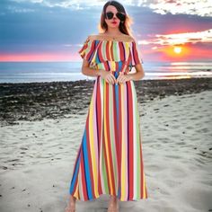 Beautiful Bold Color Stripes With Elastic Waist And A Versatile Top That Can Be Worn Many Ways, My Favorite It Off The Shoulder. Perfect If You Are Planning A Winter Cruise To Escape The Cold. Bin 5 Bag 3 Summer Multicolor Off-shoulder Maxi Dress, Summer Off-shoulder Multicolor Maxi Dress, Multicolor Off-shoulder Maxi Dress For Beach, Red Off-shoulder Maxi Dress For Beach, Red Off-shoulder Maxi Dress For The Beach, Red Off-shoulder Maxi Dress For Vacation, Green Wedding Guest Dresses, Winter Cruise, Convertible Maxi Dress