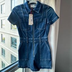 Nwt A&O Denim Romper Size 25 Sold Out In Stores Spring Utility Fitted Jeans, Fitted Short Denim Jumpsuit, Fitted Cotton Denim Jumpsuit, Summer Utility Fitted Jeans, Fitted Utility Jeans For Summer, Denim Romper, Alice Olivia, Color Blue, Rompers