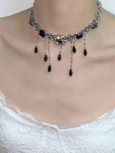 Black Drops Tassel Choker Necklace | Jewelry | Three Fleas Thigh Chain, Kpop Concert Outfit, Kpop Concert, Y2k Style, Creative Words, Silver Pearls, Vintage Chic, Necklace Jewelry, Concert Outfit