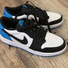 These Are A Youth Size 5.5 Which Is Size 7 In Women. Color Is Black And White And Dark Powder Blue . Only Worn Once , So Like New . No Box Nike Shoes Jordan, Shoes Jordan 1, Nike Shoes Jordans, Shoes Jordan, Jordan 1 Retro, Powder Blue, Jordan Shoes, Jordan 1, Nike Shoes