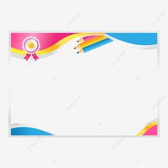 an empty paper with colored pencils in it and a ribbon around the corner, on a white background