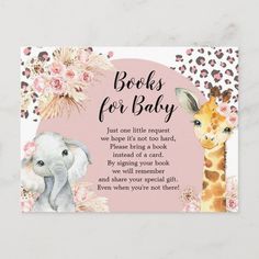 a card with an elephant and giraffe on it, reads books for baby