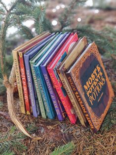 a stack of books sitting on top of a pile of pine needles next to a christmas tree