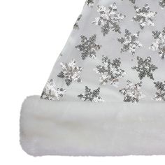 Silver and white snowflake Christmas Santa hat. Embellished with snowflakes. Features base with plush trim and pom pom Christmas Santa Hat, Champagne Flute Glasses, Snowflake Christmas, Food Storage Containers Organization, Holiday Wardrobe, Christmas Costumes, White Snowflake, White Faux Fur, Mesh Overlay