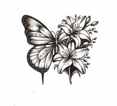 a black and white drawing of a butterfly with flowers